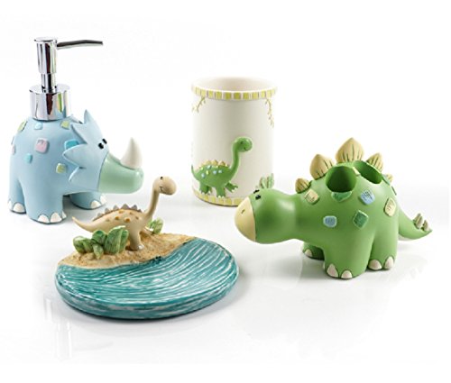 Gesteh Cartoon dianosaur Bath Accessory Set, Soap Dispenser Pump, Toothbrush Holder, Tumbler, Soap Dish (one Set)