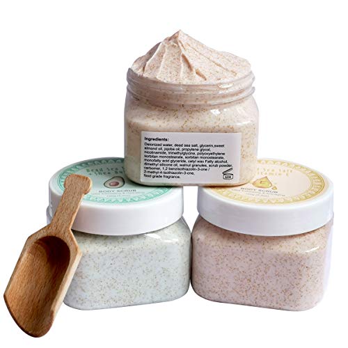 Ultra Exfoliating & Cleanse Body Scrub Gift Set, 3 Pack Natural Dead Sea Salt Body Scrub, Anti-aging & Whitening & Hydrating Body Scrub with Free Bonus Wooden Spoon