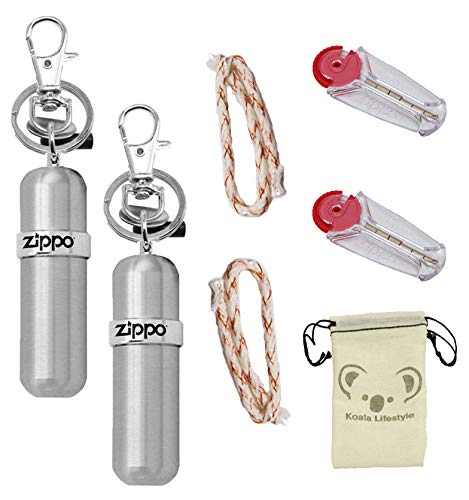 Zippo Lighter Fluid Fuel Storage Canister | 2pk Bundle + 2 Flint Dispensers (12 Flints) & 2 Wicks Replacement Set + Koala Pouch