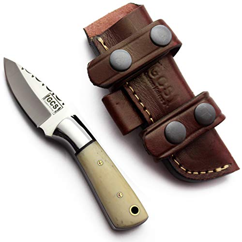 GCS Handmade D2 Tool Steel Custom Survival Tactical Hunting Skinning Camping Knife Natural Bone Handle with Brown Leather Right or Left Hand Horizontal Fixed Blade Knife Sheath GCS264