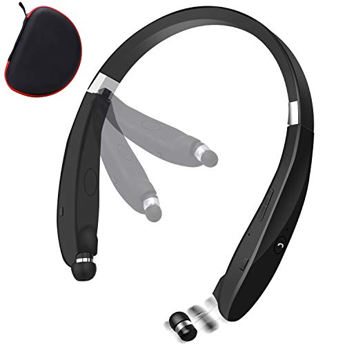 Bluetooth Foldable Retractable Headphones, 2020 Upgraded Wireless Earbuds Neckband Headset Sports Sweatproof Earphones with Carrying Case (15Hours Playtime) (Black)