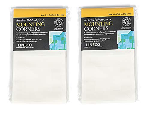 Lineco Archival Polypropylene Mounting Corners. Acid-Free, Self- Adhesive, Full View, Non-Yellowing. 3 Inches. Pressure Sensitive, Easy and Safe Application. (Pack of 100). Clear.