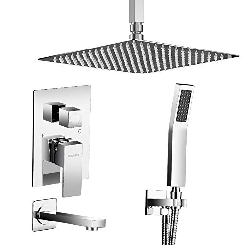 AUKTOPT Rainfall Shower Head System with Tub Spout for Bathroom Ceiling Mounted Shower Combo Set, Polished Chrome(Contain Rough-In Valve)