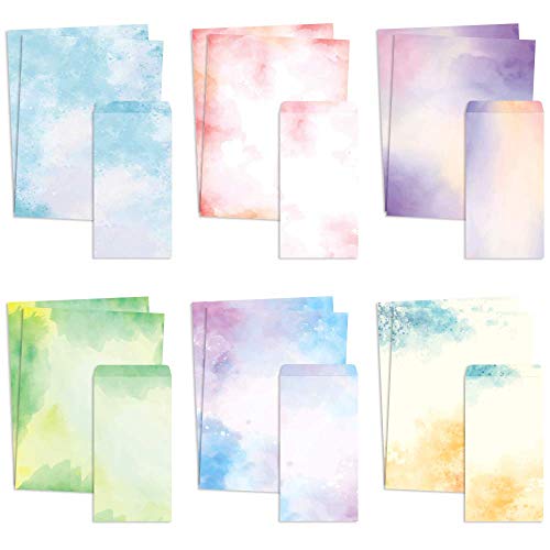 Stationary Paper and Envelopes Set of 48 Watercolor Letter Writing Paper, Decorative Printer Stationery Sheets with Assorted Designs - Double-sided Printing - 8.5 x 11 Inch