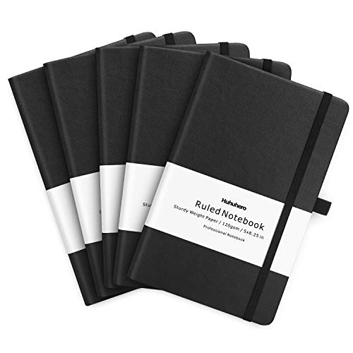 Huhuhero 5 Pack Notebooks Journals, Classic Ruled Notebook, 120Gsm Premium Thick Paper Lined Journal, Black Hardcover Notebook for Office Home School Business Writing Note Taking Journaling, 5'×8.25'