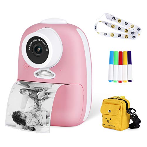 Abdtech Instant Digital Camera for Kids - Double Lens Toys Instant Print Camera Support Selfies Video with Wider Strap Cartoon Bag 4 Photo Paper - Portable Photo Printer for Girls Boys Travel Pink