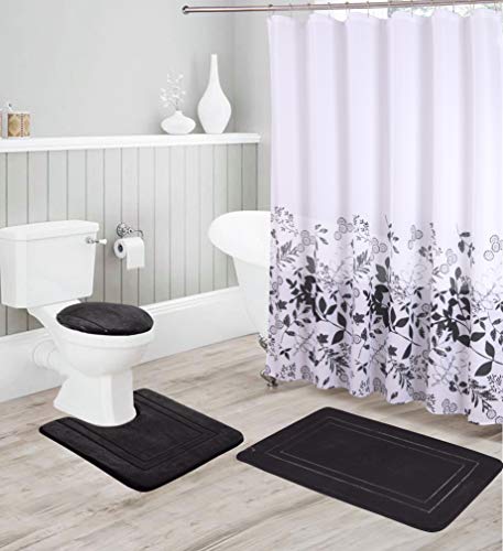 Better Home Style 16 Piece Solid Color Modern Design Embossed Memory Foam None-Slip Bathroom Rug Set Includes Bath Rug, Contour Mat, Lid Cover, Shower Curtain and 12 Roller Ball Hooks (Black)