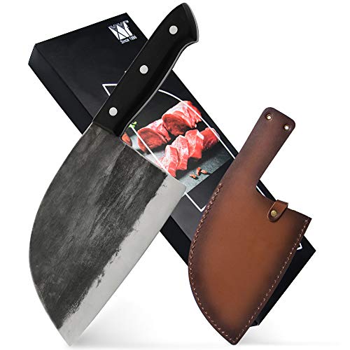 XYJ Full Tang Butcher Knife Handmade Forged Kitchen Chef Knife High Carbon Clad Steel Butcher Cleaver with Leather Knife Sheath