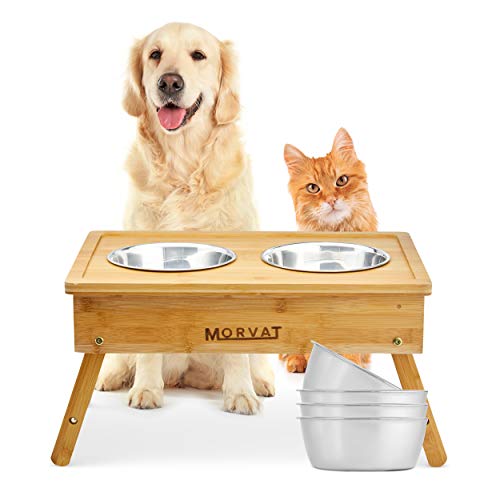 Morvat Raised Dog Bowl Feeding Station for Large Dogs -Double Dog Dishes Elevated for Large Dogs & Cat Pet Feeder, Adjustable Bamboo Dog Dishes for Large Dogs - 3 Heights & 4 Stainless Steel Dog Bowls