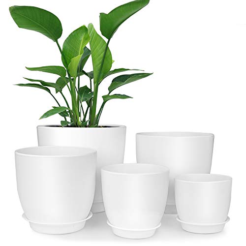 Plastic Planter, HOMENOTE 7/6/5.5/4.5/3.5 Inch Flower Pot Indoor Modern Decorative Plastic Pots for Plants with Drainage Hole and Tray for All House Plants, Succulents, Flowers, and Cactus, White