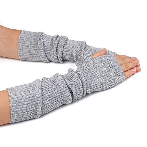 Flammi Women's Knit Arm Warmer Gloves Warm Cashmere Long Fingerless Mittens with Thumb Hole (Light Grey)