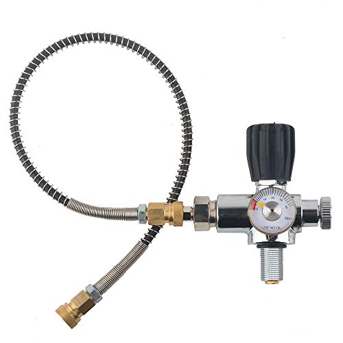 IORMAN Paintball CO2 Tank Compressed Air DIN Valve Gauge & Fill Station, 300bar/4500psi High Pressure, 7/8-14 UNF Male Thread, with 24' Charging Hose for PCP Game (Type-2)