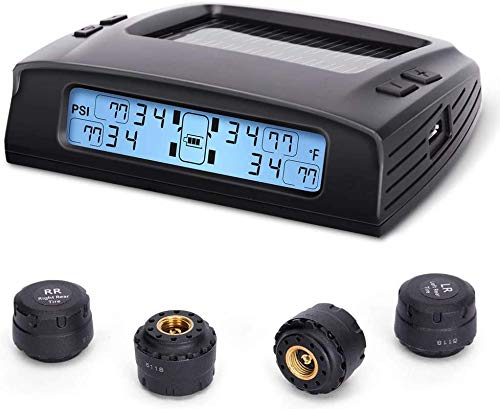 Tymate Tire Pressure Monitoring System-Solar Charge, 5 Alarm Modes, Auto Backlight ＆ Smart LCD Display, Auto Sleep Mode, with 4 External Tpms Sensor (0-87 PSI)