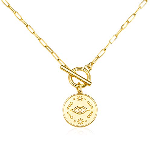 Coin Pendant Necklace for Women Girls: 14K Gold Plated Evil Eye Paperclip Chain Dainty Jewelry Gifts