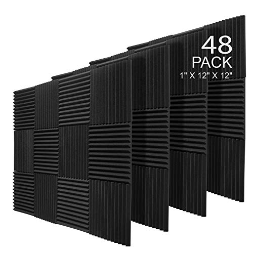 JBER 48 Pack Charcoal Acoustic Panels Studio Foam Wedges Fireproof Soundproof Padding Wall Panels 1' X 12' X 12'