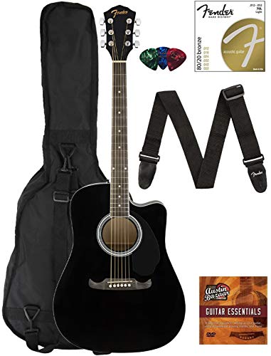 Fender FA-125CE Dreadnought Cutaway Acoustic-Electric Guitar - Black Bundle with Gig Bag, Strap, Strings, Picks, Fender Play Online Lessons, and Austin Bazaar Instructional DVD