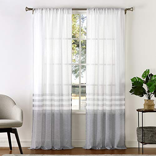 West Lake Sheer Curtain Color Block and Stripe Panels for Bedroom Living Room Kitchen Pair Set Rod Pocket Window Drapes Farmhouse Linen Look Semi Sheer Curtain, 40'' x 84''x 2, Gray and White