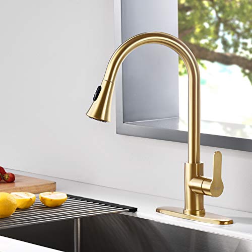 AMAZING FORCE Gold Kitchen Faucet Modern Pull Out Kitchen Faucets Stainless Steel Single Handle Kitchen Sink Faucet with Pull Down Sprayer 3 Hole Kitchen Faucet Mixer Tap