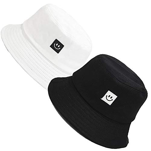 MaxNova Bucket Hats Summer Travel Beach Sun Hat Outdoor Cap Unisex 2pack (2pack White/Black Smiley face)
