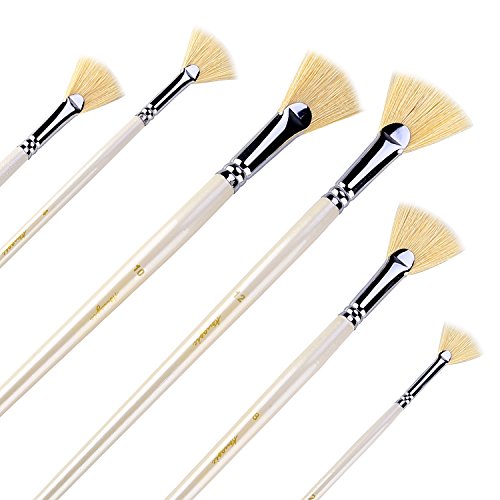 Amagic Fan Brush Set - Hog Bristle Natural Hair - Artist Soft Anti-Shedding Paint Brushes for Acrylic Watercolor Oil Painting, Long Wood Handle with Case, Set of 6