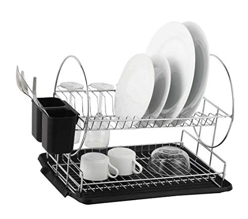 Deluxe Chrome-plated Steel 2-Tier Dish Rack with Drainboard/Cutlery Cup (BlackII)