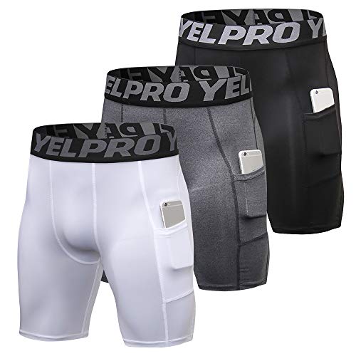 Lixada Men's 3 Pack Performance Compression Shorts Active Workout Underwear with Pockets(Two Sides) for Phone - Base Layer Tights, Short Leggings