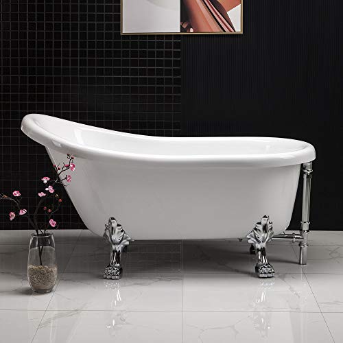 WOODBRIDGE 59'x 30' Slipper Bathtub with Solid Brass Polished Chrome Finish Drain and Overflow, BTA1522,White, clawfoot B-0022