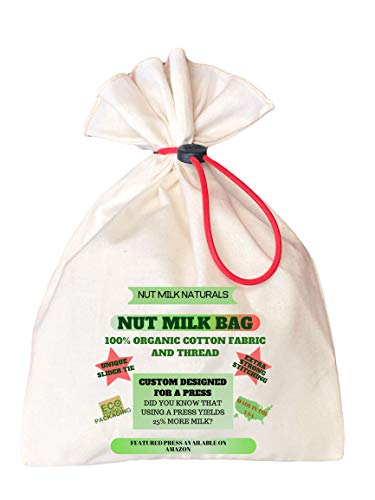 NUT MILK NATURALS NUT MILK BAG. 100% organic cotton fabric and thread. Food grade silicon slider tie. No chemicals in your drink. For nut milks, soy milk, cheese, hot tea, cold press coffee, yogurt