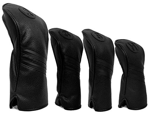 ProActive Sports Vintage Golf Club Head Covers for Driver, Fairway Woods, and Hybrids (Black/Black | 4 Pack -1,3,5,H)