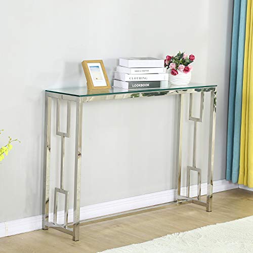 Chrome Metal Glass Console Table Sofa Table Entryway Table Hallway Table for Hallyway, Entryway, Living Room(Hollow Design)