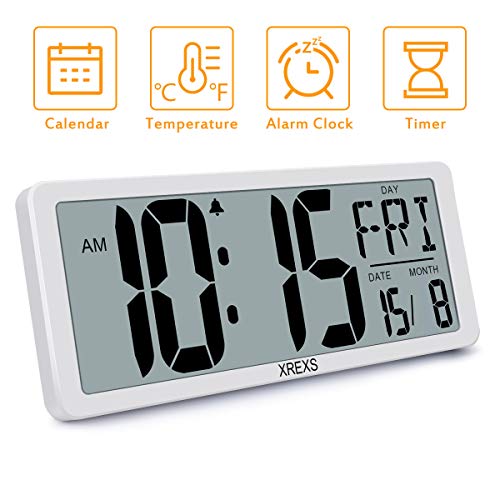 XREXS Large Digital Wall Clock, Electronic Alarm Clocks for Bedroom Home Decor, Count Up & Down Timer, 14.17 Inch Large LCD Screen with Time/Calendar/Temperature Display (Batteries Included)
