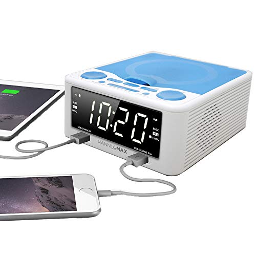 HANNLOMAX HX-300CD Top Loading CD Player, PLL FM Radio, Digital Clock, 1.2 Inches White LED Display, Dual Alarms, Dual USB Ports for 2.1A and 1A, AC/DC Adaptor Included (White_Blue)