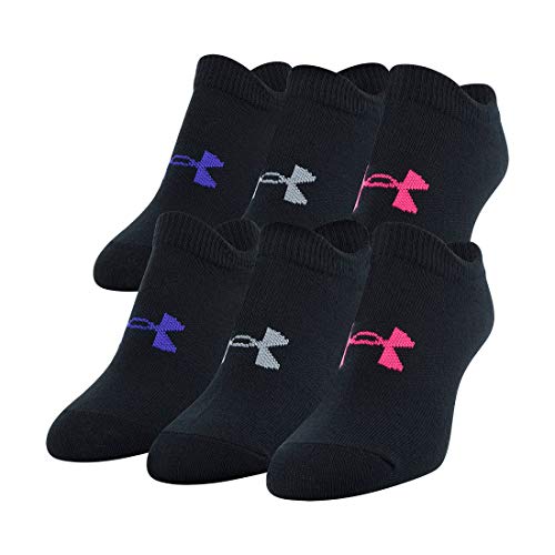 Under Armour Youth Essential 2.0 No Show Socks, 6-Pairs , Black Penta Pink Assorted , Shoe Size: Youth 13.5K-4Y