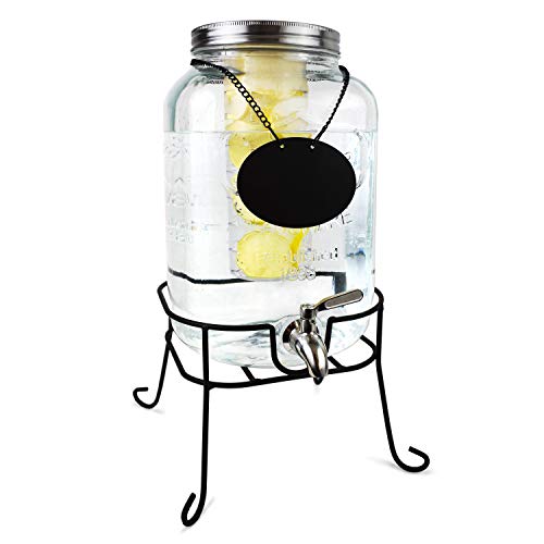 Glass Beverage Dispenser with Fruit Infuser – Ice Cold Drink Container Metal Stand Set Chalkboard Outdoor Server - 1 Gallon Stainless Steel Spigot