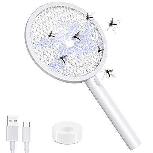 Bug Zapper Fly Swatter Zap Mosquito for Indoor and Outdoor Electric Pest Control, USB Rechargeable, 4000V Powerful Grid, LED Lighting w/Base, 3 Layers Mesh Safety Protection Safe to Touch