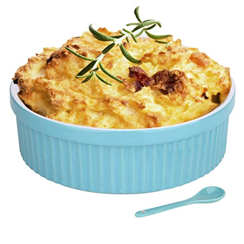 Souffle Dish Ramekins for Baking – 48 Oz, 1.5 Quart Large Ceramic Oven Safe Round Fluted Bowl with Mini Condiment Spoon for Soufflé Pot Pie Casserole Pasta Roasted Vegetables Desserts (Aqua/Green)