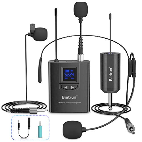 UHF Wireless Lavalier Lapel Microphone System, Headset Microphone, Handheld Interview Mic, Rechargeable(Work 6hs), 165 ft Range, 1/4' Output, for iPhone, PA Speaker, DSLR Camera, Recording, Teaching