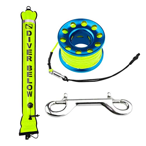 Seafard 5ft Yellow Scuba Diving Open Bottom Surface Marker Buoy (SMB) with 98ft Finger Spool Alloy Dive Reel and Double Ended Bolt Clip Blue