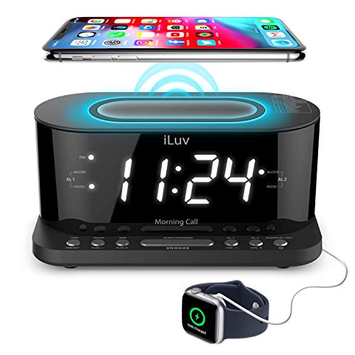 iLuv Morning Call 5 Qi-Certified Wireless Charging Bedside Digital Alarm Clock, 1.2' Jumbo LED Dual Alarm, FM Radio with 10 Presets, USB Charging Port, Sleep Timer, 3-Level Dimmer, Battery Backup