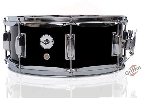 Griffin Snare Drum | Poplar Wood Shell 14' x 5.5' with Black PVC Glossy Finish|Percussion Musical Instrument with Drummers Key for Students & Professionals|8 Tuning Lugs & Snare Strainer