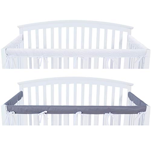 3 - Piece Crib Rail Cover Protector Safe Teething Guard Wrap for Standard Crib Rails, Fit Side and Front Rails, Grey/White, Reversible, Safe and Secure Crib Rail Cover.