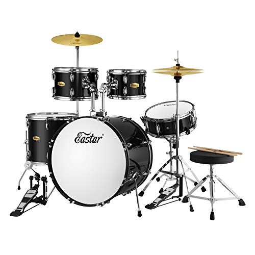 Eastar 22 inch Drum Set Kit Full Size for Adult Junior Teen 5 Piece with Cymbals Stands Stool and Sticks, Mirror Black