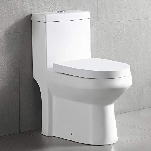DeerValley DV-1F52813 Small Compact Dual-Flush Elongated One-Piece Toilet, Space Saver Commode designed for Water Closet, Soft Closing Seat Included, High-Efficiency WaterSense Cotton White