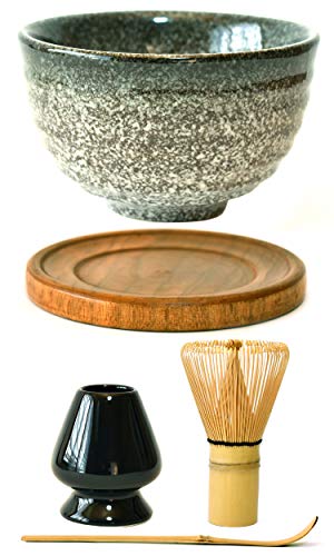 Premium Japanese Ceremonial Matcha Green Tea Chawan Bowl Full Kit Matcha Whisk Set with Accessories and Tools Bamboo Chasen Matcha Whisk Scoop and Holder (Speckled Dark Grey)