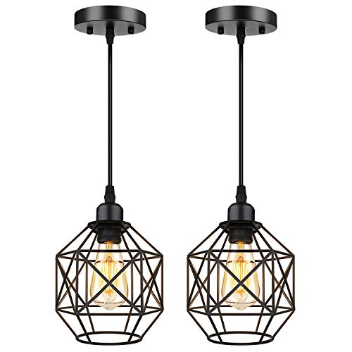 Pendant Lighting, Industrial Light Fixture, Retro Vintage Farmhouse Pendant Lights , Black Metal Cage Hanging Lights, Ceiling Lamp for Kitchen Island, Living Room, Dining Room, Loft, E26 Base, 2-Pack