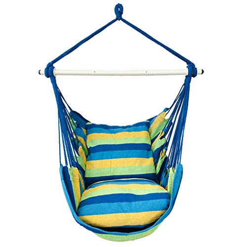 Highwild Hanging Rope Hammock Chair Swing Seat for Any Indoor or Outdoor Spaces - 500 lbs Weight Capacity - 2 Seat Cushions Included (Blue & Green)