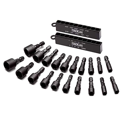 TACKLIFE Nut Driver Bit Sets, 20PCS 1/4'' Hex Shank SAE and Metric Nut Driver Master Kit for Quicker Change Chuck, Electric Hand Drill - PNDB1A
