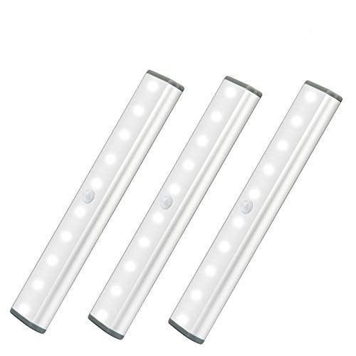 LED Motion Sensor Cabinet Light,Under Counter Closet Lighting, Wireless USB Rechargeable 10-LED Kitchen Lights,Battery Powered Operated Light, Stick On Lights for Wardrobe,Cabinet,Cupboard （3Pack）