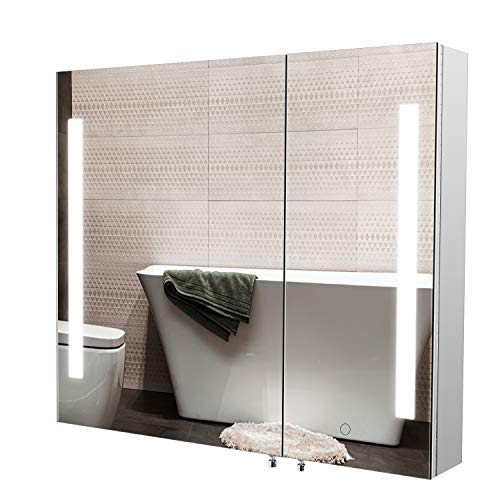 Homfa LED Lighted Bathroom Mirror Cabinet, 30L x 26H inch Medicine Cabinet with Illuminated Double Doors and Storage Shelves, Recessed or Surface Mount, Touch Button, Cold White Lights, Aluminum Frame