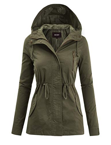 FASHION BOOMY Women's Zip Up Safari Military Anorak Jacket with Hood Drawstring - Regular and Plus Sizes Large Olive